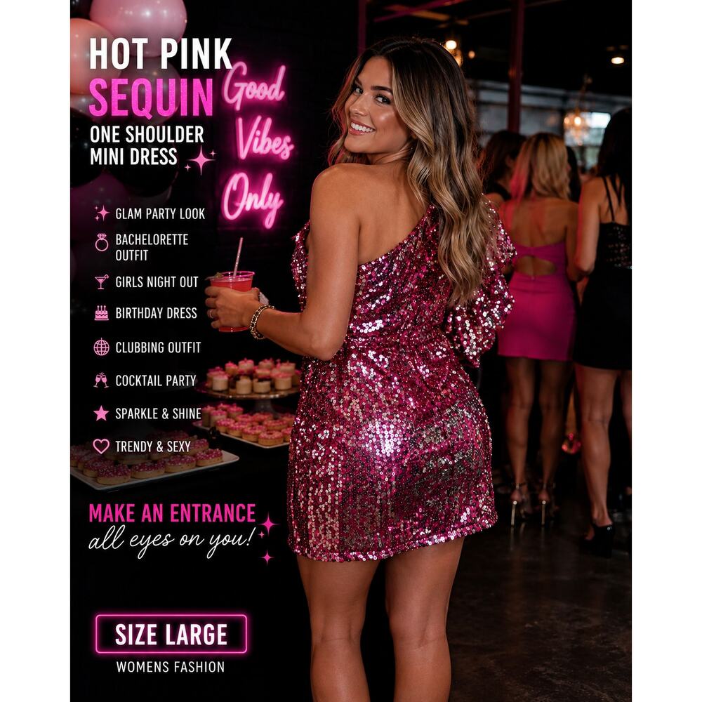 Profile Hot Pink Sequin One Shoulder Mini Dress Large Y2K Party Clubwear